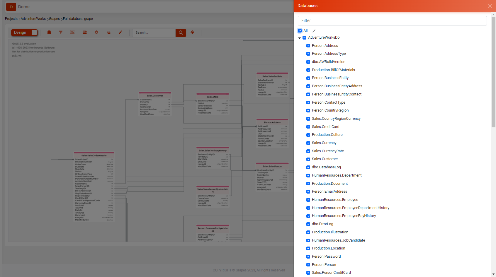 Editeur de grappe: Sélectionner toutes les tables